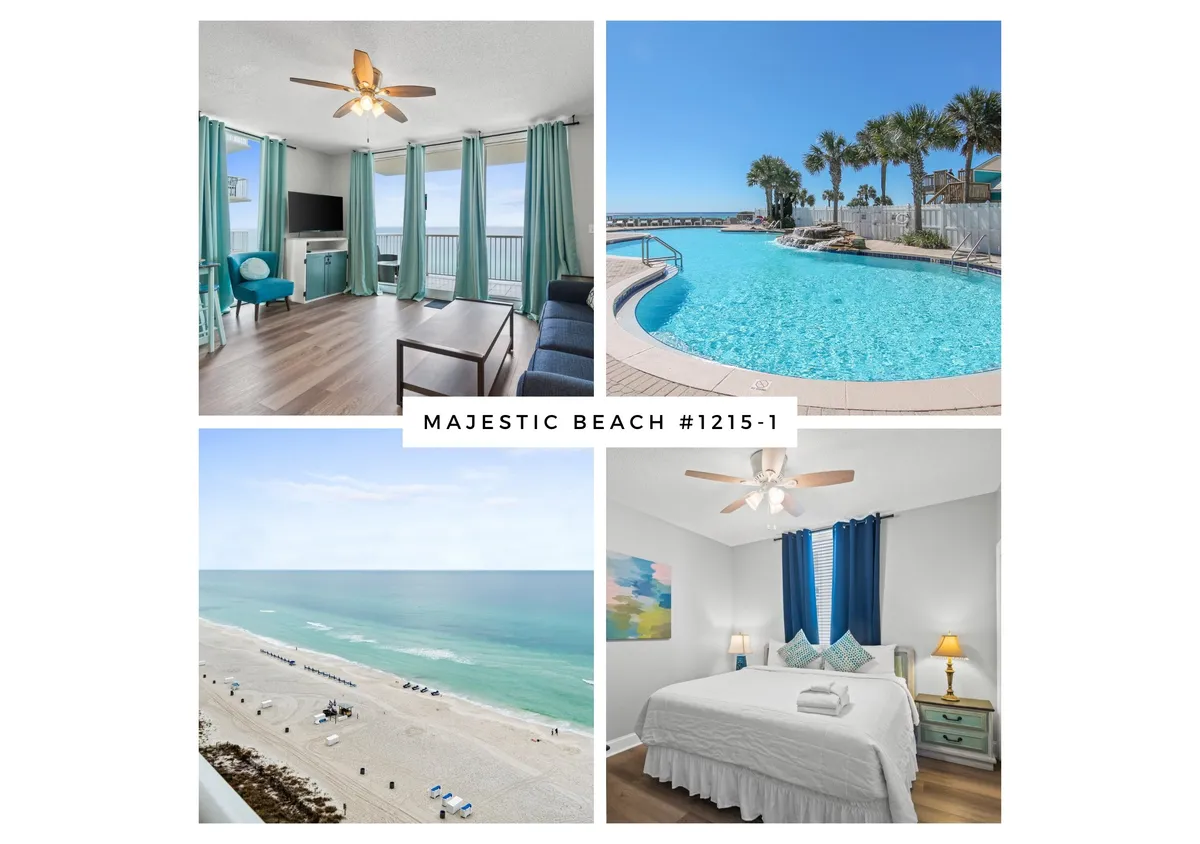 The image showcases a bright, airy condo interior with elegant furnishings, featuring expansive floor-to-ceiling windows that frame breathtaking Gulf views. A private balcony with stylish dining furniture invites relaxation, while glimpses of the resort's palm-lined swimming pool and the shimmering beach below create a luxurious, vacation-ready atmosphere.
